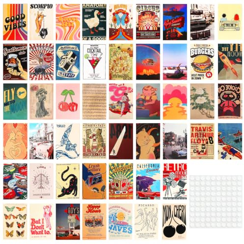 50 Stück Vintage Postkarten Set mit Klebepunkten,Kleine Wandposter,15x10cm | Mini Ästhetische Wandposter,Bilder Collage,Lustigen Postkarten Postcards Retro für Wanddekoration,Room Decor,Whimsical Decor