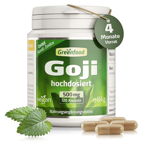 Goji Beere, hochdosiert, 500mg - 120 Kapseln, vegan. Reiner Goji Extrakt – reich an Eisen, Vitamin C & Carotin. OHNE künstliche Zusätze - laborgeprüft. Von Greenfood.