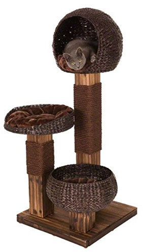 Scorched Wood Elegant Cat Tree - with A Contemporary Burned Wood Effect and Water Hyacinth Baskets with Washable Cushions - A Lovely Addition to your Home