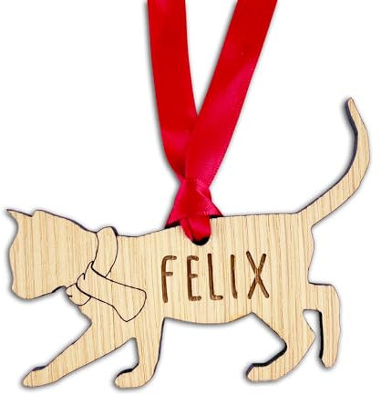 Personalised Cat Christmas Tree Decoration: Oak Veneer or White Wood: Design 3 - Personalise with any Name! (Oak Veneer Wood, Decoration Only)