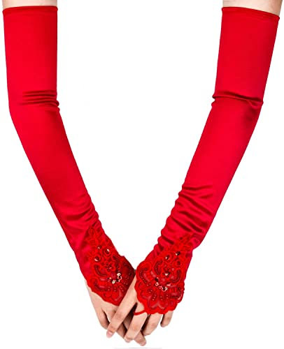 SAVITA Abendhandschuhe Satin Handschuhe Lang Opernhandschuhe Tanzhandschuhe 1920 Handschuhe für Frauen Mädchen (Fingerlose Rot)