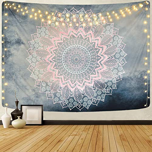 Mandala-Wandteppich, grau-rosa, Hippie-/Bohemian-Stil, florales Muster, Wandbehang für Zimmer, Schlafzimmer