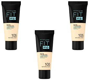 Maybelline New York Fluide Fit Me Matte & Poreless Foundation – 105 Elfenbein Natur, 3er Pack (3 x 30 ml)