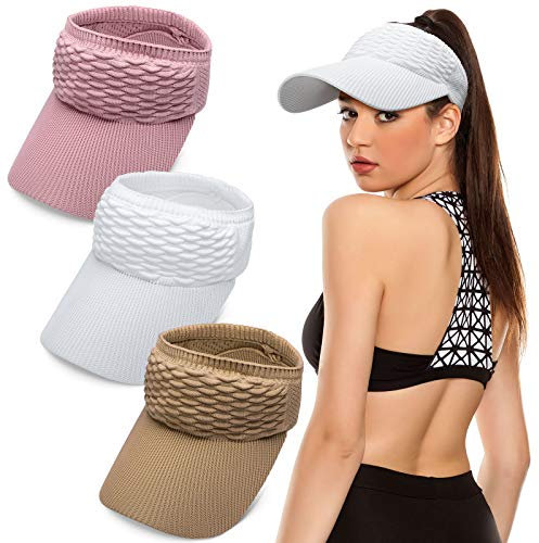3 Pieces Women Sun Visor Hat for Women Knitted Hats Elastic Sports Hat Empty Top Quick Drying Wide Brim Golf(Pink, White, Light Brown)
