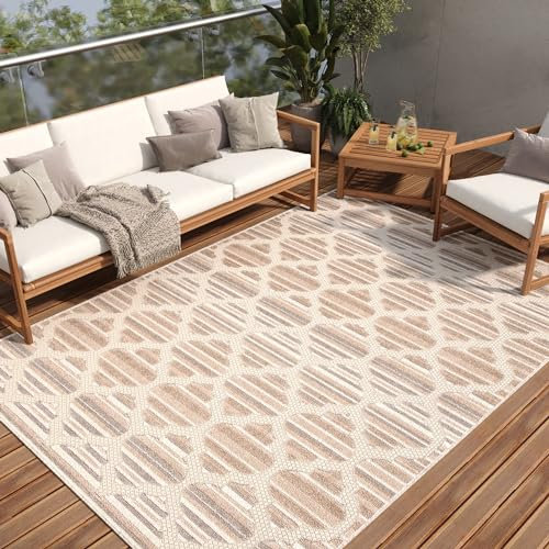 TAPISO Patio Teppich Indoor Outdoor Creme Beige Grau Marokkanisch Design Sisaloptik Wetterfest UV-beständig Terrasse Wohnzimmer ÖKO-TEX 200 x 300 cm