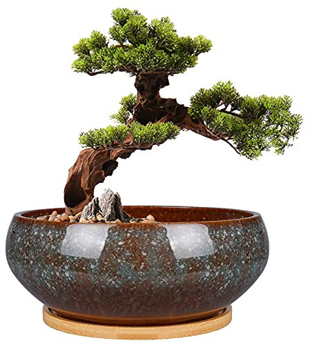 EPFamily Pot de Fleurs en céramique émaillée de 20,3 cm avec Trou de Drainage et Soucoupe en Bambou pour Plantes d'intérieur, Marron