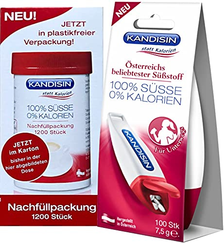 KANDISIN Classic Table Sweetener Dispenser for on the go 1x100 pcs and Refill Pack 1200 pcs. - The calorie-free sweetener for coffee, tea and other beverages/Austria