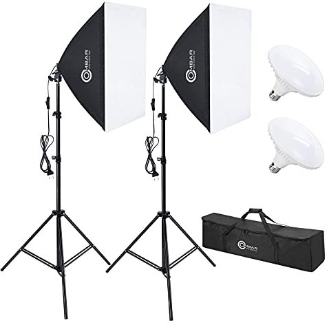 OMBAR Fotostudio Softbox mit 45W 5500K UFO-LED Glühlampe, LED Softbox Beleuchtungsset mit zwei 50*50 Softboxen, Energieeffizient Licht Kit Softbox Beleuchtungsset für Studio Porträt Produkt Fotografie