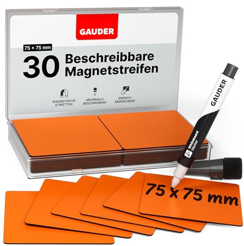 GAUDER Magnetetiketten beschreibbar - Wiederverwendbare Magnetschilder zum Beschriften für Whiteboard, Tafel, Kanban-Board und Kühlschrank - Magnetkarten mit Marker (30 Stück - 75 x 75 mm)