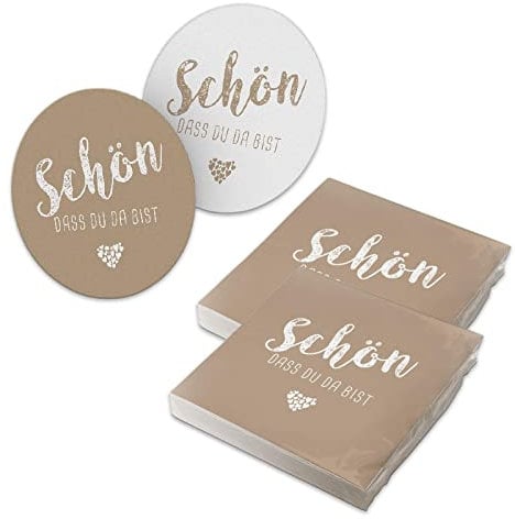 itenga 40x Servietten mit 40x Bierdeckel Schön dass du da bist (latte macchiato)