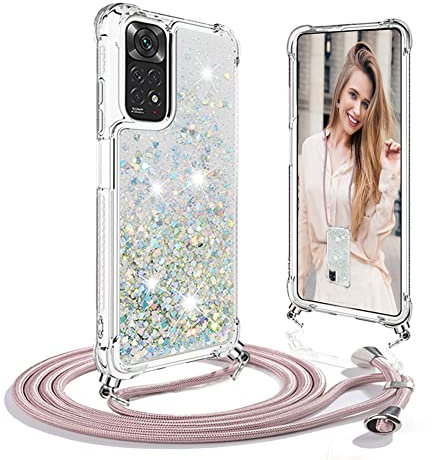 Ptny Handykette Hülle kompatibel mit Xiaomi Redmi Note 11/ Note 11s 4G Hülle mit Band zum Umhängen, Glitter Handyhülle Flüssig Treibsand, Handyhülle Dünn Stoßfest Silikon Transparent Hülle mit Kette