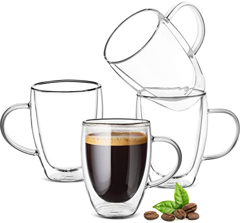 Ulrikco 350ml /12oz Double Walled Glass Coffee Mugs with Handle, Clear Coffee Cups and Glass Mugs Set of 4, Insulated Drinking Glass Coffee Cups, Espresso Mug Cups for Latte, Hot/Cold Drink