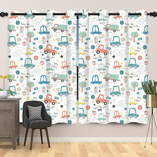 SDOTPMT 66x160cm Camion Dessiné à la Main Rideau de fenêtre Mignon Voiture Trafic Lumière Rideaux de fenêtre Enfants Paiting Art Rideaux Opaques pour Pépinière Rideaux occultants, 2 Panneaux