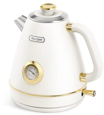 Hazel Quinn Retro Electric Kettle - 1.7 Liters / 57.5 Ounces Tea Kettle with Thermometer, All Stainless Steel, 1200 Watts Fast Boiling, BPA-free, Cordless, Automatic Shut Off - Pearl White