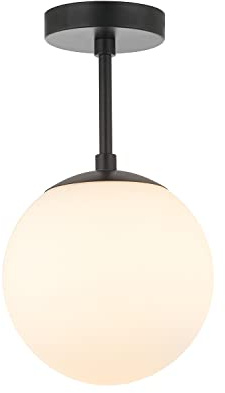 Happy Homewares Traditional and Sleek Opal Glass Globe IP44 Bathroom Ceiling Light in Matt Black | 24cm x 20cm | 60w Max | Also Suitable for Hallways Lounges Conservatories etc