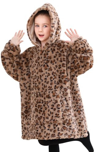 Wearable Blanket Hoodie für Kinder Kleinkinder, kuschelig warm und weich mit Kapuze Sweatshirt mit großer Tasche, braun Gepard Druck Kunstpelz niedlichen Hoodies für Kinder 2-6 Jahre alt Geschenke