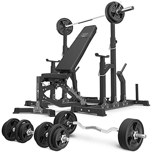 Marbo Sport Set MS11_2.0_113KG_G | Doppelseitig verstellbare Hantelbank + verstellbare Ständer + Stangen- und Hantelscheiben gummiert Set 113 kg | Made in EU