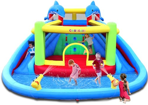 Causeair Inflatable Bounce House with Slide,Dolphin Styling,Splashing Pool,Double Water Cannon,Climbing Wall,Heavy Duty GFCI Blower,Inflatable Water Park Slide for Kids Backyard Summer