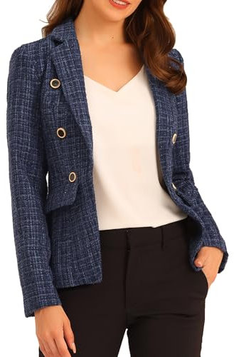 Allegra K Manteau de Veste en Tweed à Carreaux élégant à Manches Longues pour Femmes Bleu foncé XL