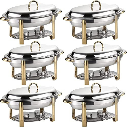 6L Ovales Chafing Dish-Set, 2/4/5/6er-Pack, Buffet-Wärmertablett aus Edelstahl in voller Größe mit Lebensmittelpfanne, Wasserpfanne und Brennstoffhaltern, für Hochzeiten, Catering,