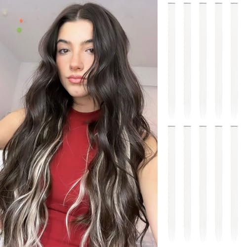 FESHFEN Farbige Haarverlängerung, 10 PCS Weiß Haarteil für Damen Synthetik Party Highlight Bunte Glatte Haarverlängerungen Clip in Haarteil für Frauen, 55cm