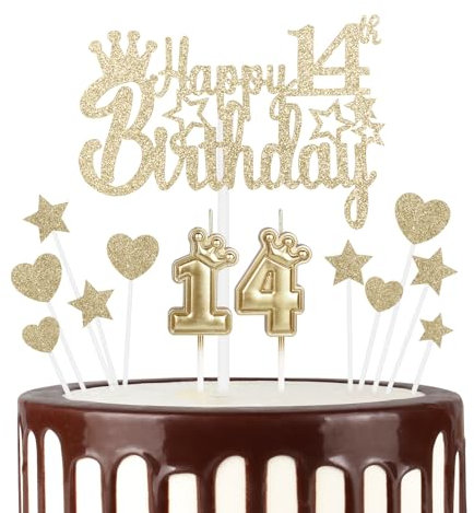 mciskin 14th Happy Birthday Candles Cake Toppers, Crown Number 14 Candle for Cake, Girls 14th Birthday Decoration, Cake Candle Cake Topper for Women Birthday Party Wedding Anniversary (Champagne Gold)