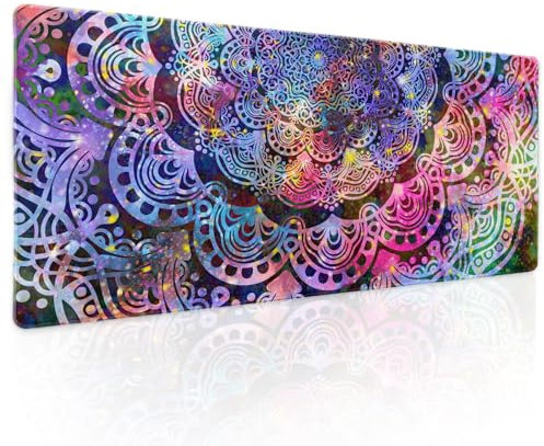 Kawani Purple Mandala Gaming Mouse Pad XL Pink Blue Green Abstract Art Extended Big Large Desk Mat Non-Slip Rubber Base Stitched Edge Long Keyboard Mousepad for PC Computer Laptop,31.5×11.8 in