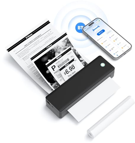 Homuserr Tragbarer Thermodrucker, Bluetooth Drucker für Smartphone und Computer, Kabelloser Drucker 203DPI Unterstützt 2''/3''/4''/8'' Thermopapier, Geeignet für Büro und Reisen, Studium, A47, Schwarz