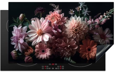KitchenYeah© Herdabdeckplatte Einteilig Herdabdeckung Abdeckplatte für Ceranfeld Abdeckung Induktionskochfeld Aufrollbare Matte Blumen - Natur - Rosa - Schwarz - Dahlie - 91.2x52 cm