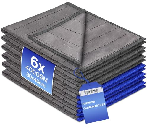 6X Premium Carbon Tücher - 400GSM Auto Mikrofasertücher - Saugstarkes Fenstertuch ohne Schlieren & Streifen Glasreinigungstuch Putztuch für Autoscheiben Glas Fenster Spiegel Displays Reinigung