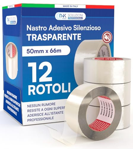 DNK TRADE Nastro Adesivo da Imballaggio Pacchi - 12 Rotoli di Nastro per Imballaggi 50mm x 66m Silenzioso Resistente all'Acqua - Colore Trasparente