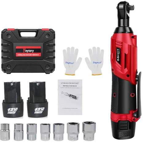 DayPlus Chiave a cricchetto senza fili da 12 V, con 2 batterie agli ioni di litio da 1,5 Ah e caricatore rapido, 2300 giri/min, chiave elettrica a cricchetto da 40 Nm con 7 prese, rosso