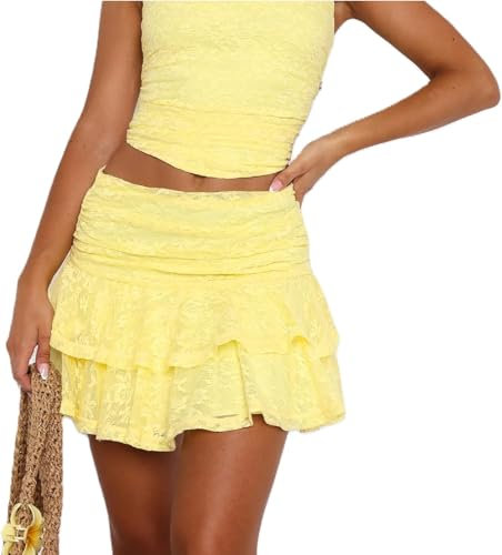 Damen Y2k Minirock mit Spitze, Rüschen, mittelhoch, halbhoher Slip, plissiert, Spitze, mehrlagiges Netzgewebe, lässig, kurze Röcke, D-gelb, S