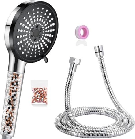 Alcachofa de ducha con filtro y 5 tipos de chorro y filtración de 3 capas con piedras minerales para eliminar el agua dura – Alcachofa de ducha con manguera