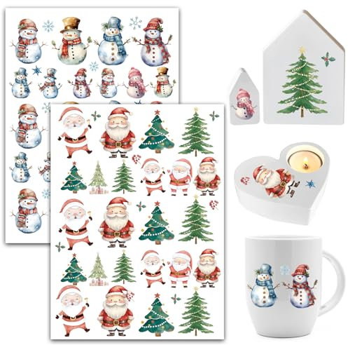 BOOMTOP 2 Rub On Sticker Weihnachten Aufkleber Selbstklebend Rub On Folie Bunte Weihnachtsaufkleber Schneemann Santa Weihnachtsbaum Advent Rub Ons Sprüche Transferaufkleber für Glas Holz Möbel Acryl