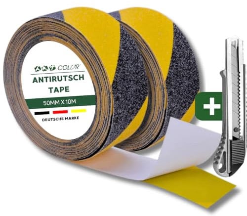 ART COLOR Antirutsch Klebeband Schwarz/Gelb 50mm x 10m, 2 Rollen inkl. Cuttermesser – Selbstklebendes Grip Tape rutschhemmend für Innen & Außen