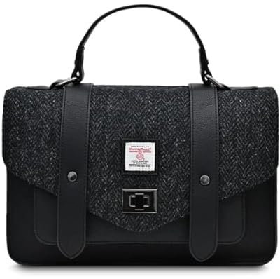 Islander Harris Tweed Large Satchel, Schwarzes Fischgrätenmuster