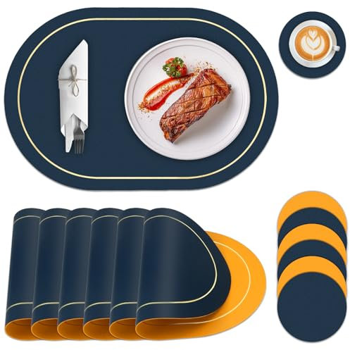 Table Mats Set of 6, Dual Sided PU Leather Placemats and Coaster Sets 6, Heat Resistant Non-Slip Oval Place Mats for Table, Washable Wipeable Placemat for Dining Party Outdoor (Navy Blue and Yellow)