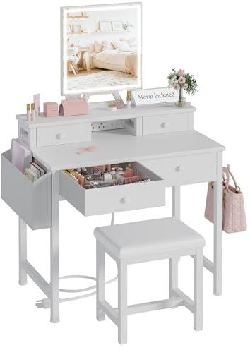 KAI-ROAD White Makeup Vanity Desk with Mirror and Lights, Vanity Set with Chair, Make Up Dresser Table with Drawers and Power Outlet for Girls Bedroom Small Space