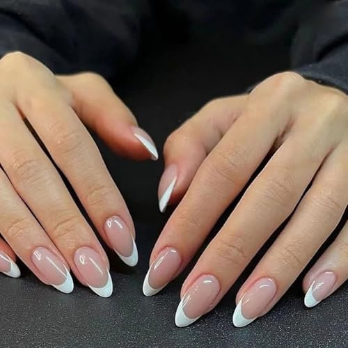 LOPHE Press On Nails Medium Eckig, 24 Stück Fake Nails Nude mit Kleber, French Press On Nails Künstliche Fingernägel für Frauen und Mädchen, für Weihnachten, Nails Art(C)