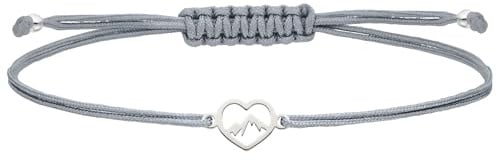 SCHOSCHON Minimalistisches Armband Herz Berge 925 Silber | Filigranes Textilarmband handgefertigt, verstellbar