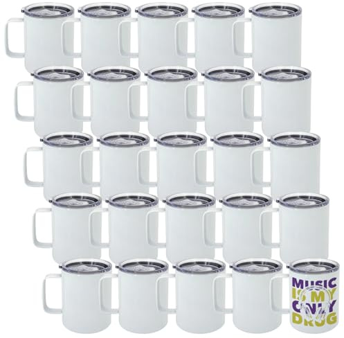 Lilsofee 25 Pack 12 oz Sublimation Mugs with Handle and Lid Straw Stainless Steel Blank Tumbler Coffee Mug Double Vacuum Insulation Heat Press Transfer Printing DIY Cups