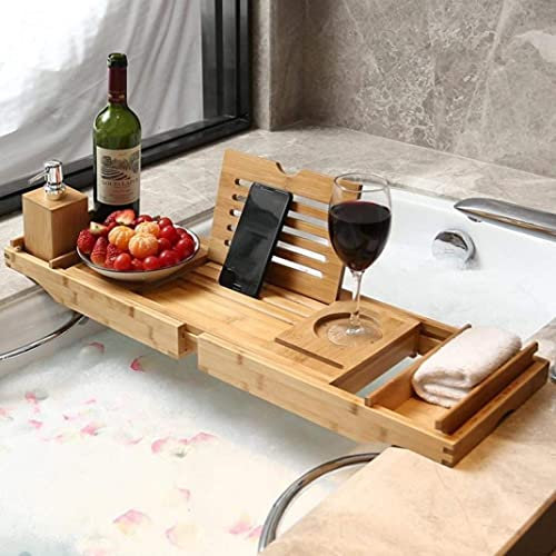GTATBTG Erweiterbares Badewannen-Caddy Tablett Badewannentablett Bambus Badewannen-Caddy mit Weinglashalter Tablet-Halter Handy-Tablett Sandale