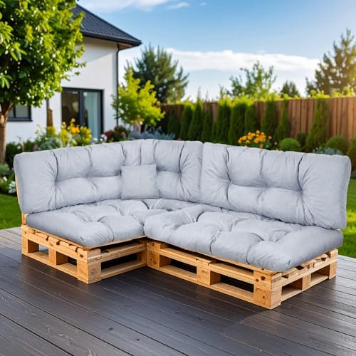 SLIPIO Palettenkissen, Kissen für Europaletten, FÜLLPRO+ Füllung, Wetterfest Palettenpolster (6-teiliges Set - 2X Rückenkissen 120x40cm + 2X Sitzkissen 120x80cm + 60x40 & 40x40 - Grau Wasserfest)