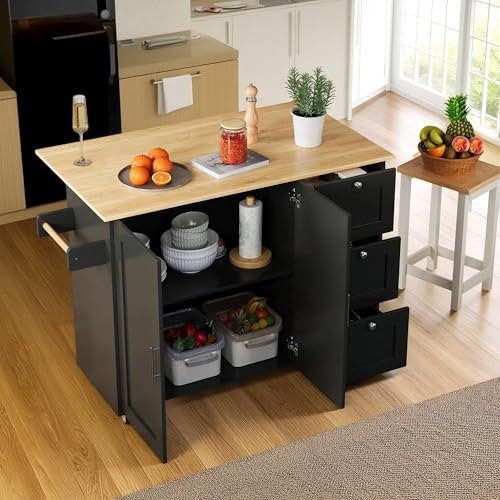 Isla de Cocina con Ruedas con 3 Cajones - Encimera de Roble Plegable, Gabinete Multifuncional, Toallero y Medidas 135x44(70) x90 cm - Mueble Modular para Cocina, Comedor y Hogar