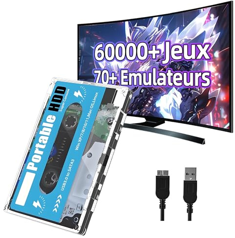 500G HDD Disque Dur Externe Portable Retro Drive,60000+ Jeux,70+ émulateurs,Disque Dur de Jeux,système Batocera 33,Console de Jeux rétro pour Ordinateur Portable/PC/Windows,Plug and Play,26 Langues