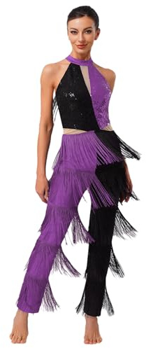 Kaerm Costume Stile Disco Anni '70 Donna Tuta Intera da Ballo Latino Americano Tango con Frange e Paillettes Body Danza Classica Moderna Costume Carnevale Halloween