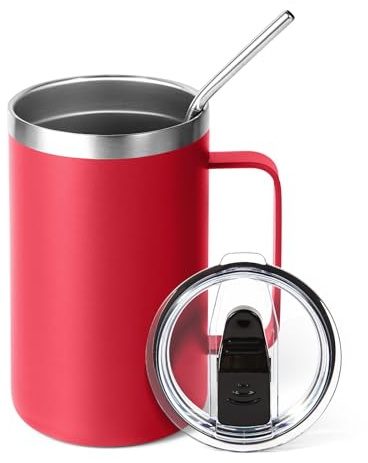 Volhoply 470ml (16oz) Insulated Coffee Mug with Lid and Straw, Stainless Steel Travel Mugs with Handle, Double Wall Vacuum Leak Proof Coffee Tumbler Cup (Red,1)