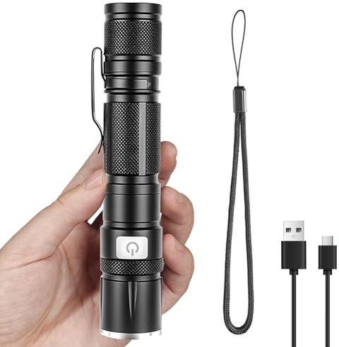 Torcia LED Professionale, 10000 Lumen Torcia Ricaricabile, Mini Torce Ricaricabili USB, Zoomabile 5 Modalità IP67 Impermeabile Antiurto per Campeggio Trekking Emergenza Notte Pesca Passeggiate Cani