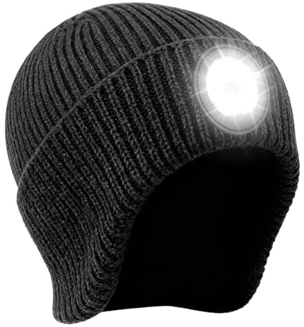 GAOUTO LED Strickmütze mit Licht, Beleuchtete Laufmütze USB Wiederaufladbare, Erweitertes Ohrenschutz Design, Winter Warme Mütze Unisex mit Stirnlampe Extrem Heller Lampe für Outdoor Aktivitäten